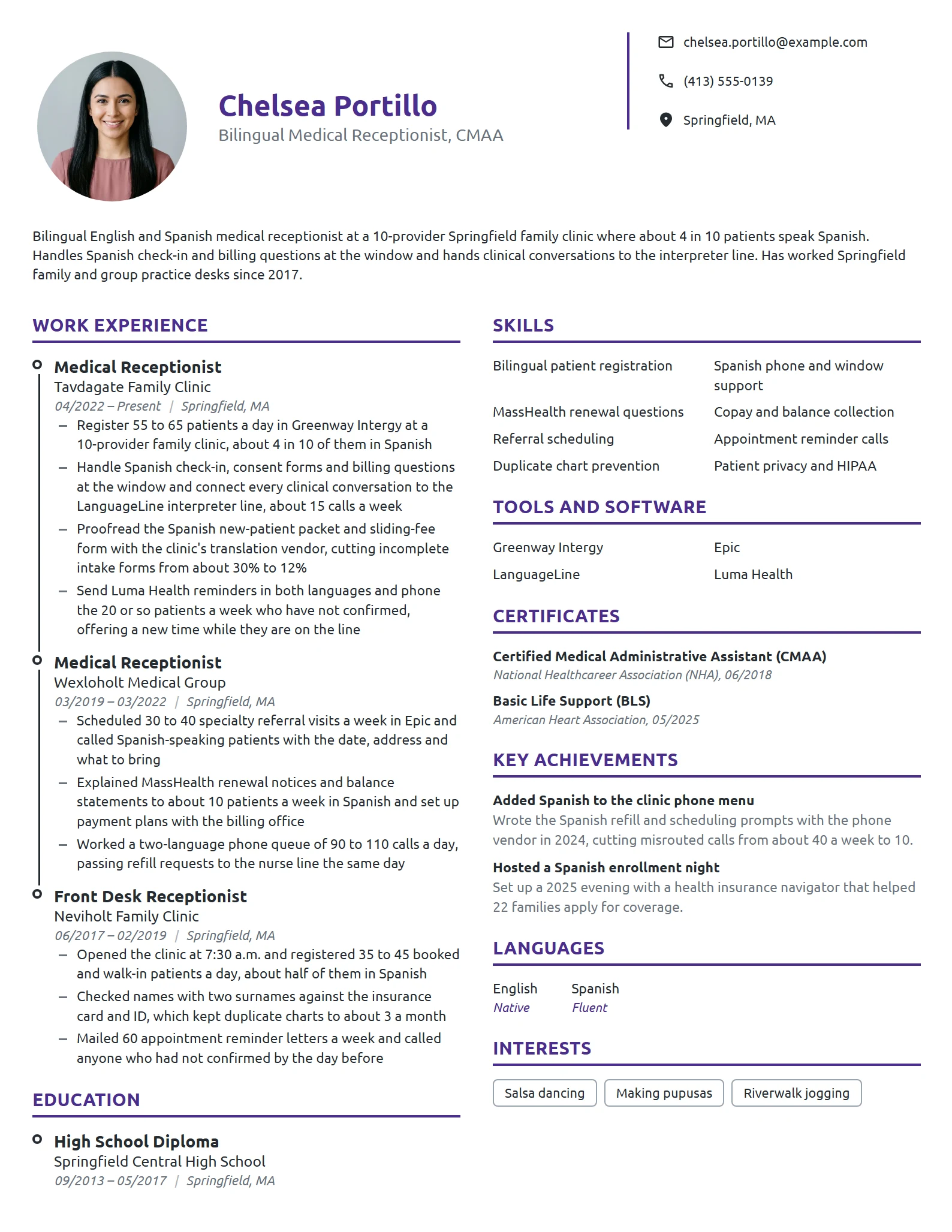 Bilingual Medical Receptionist resume example
