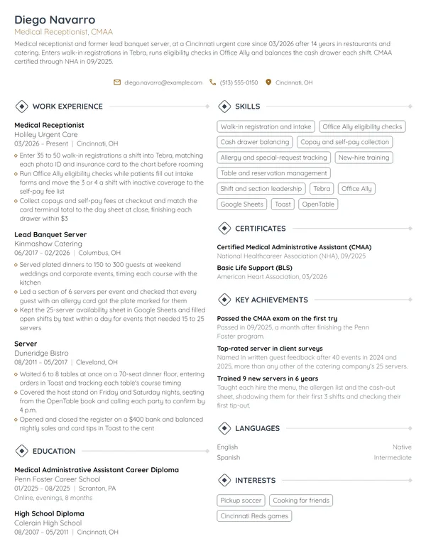 Career Change Medical Receptionist resume example