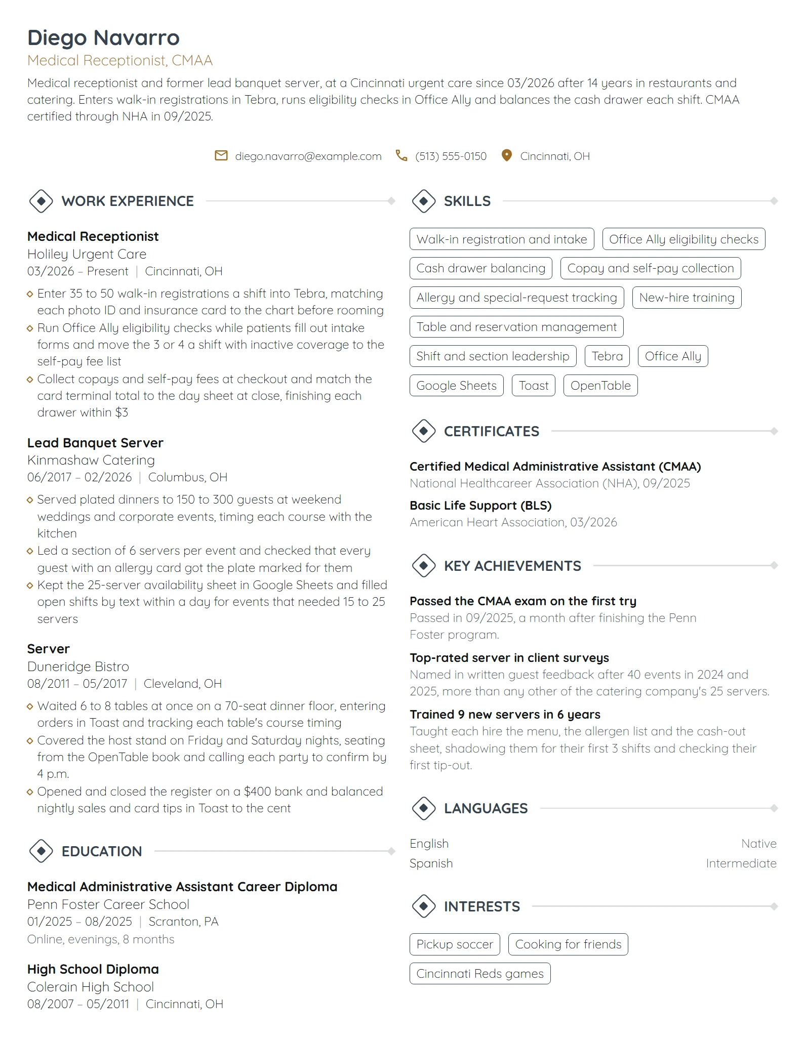 Career Change Medical Receptionist resume example