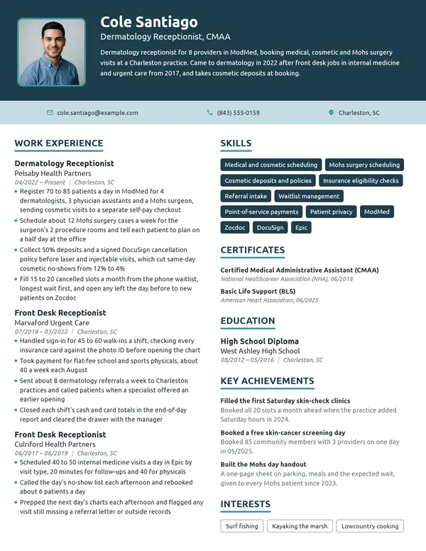 Dermatology Receptionist resume example