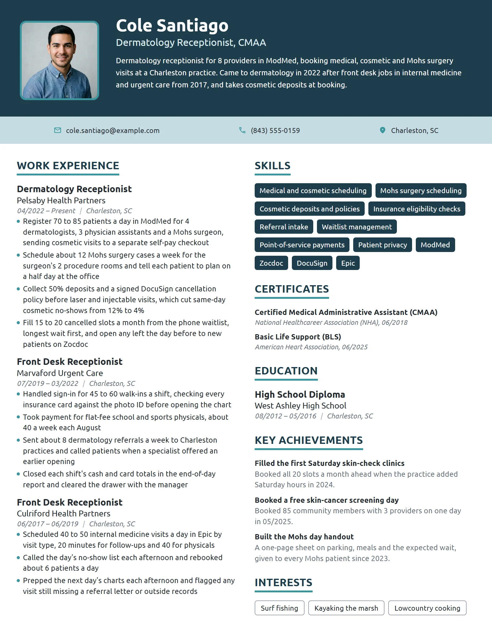 Dermatology Receptionist resume example