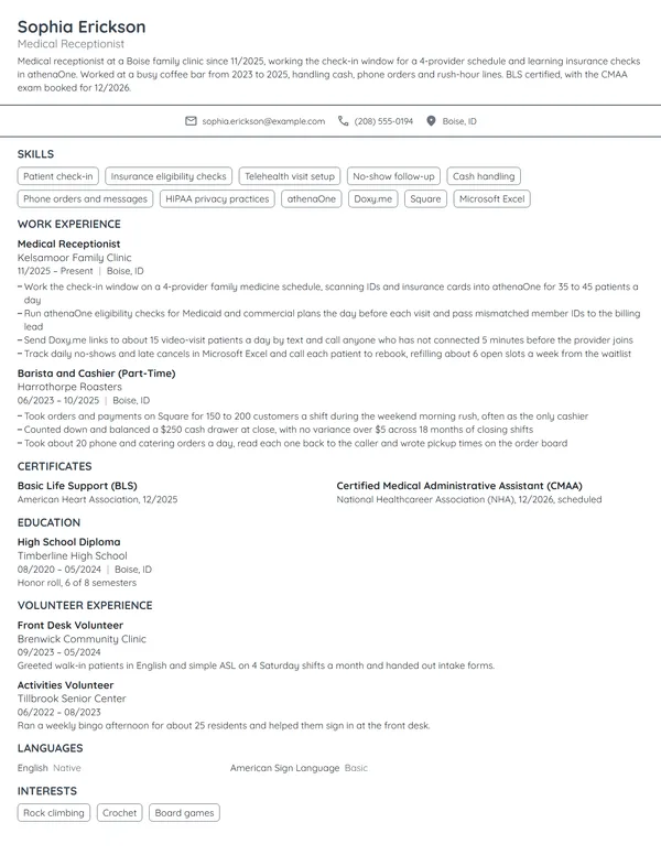 Entry-Level Medical Receptionist resume example