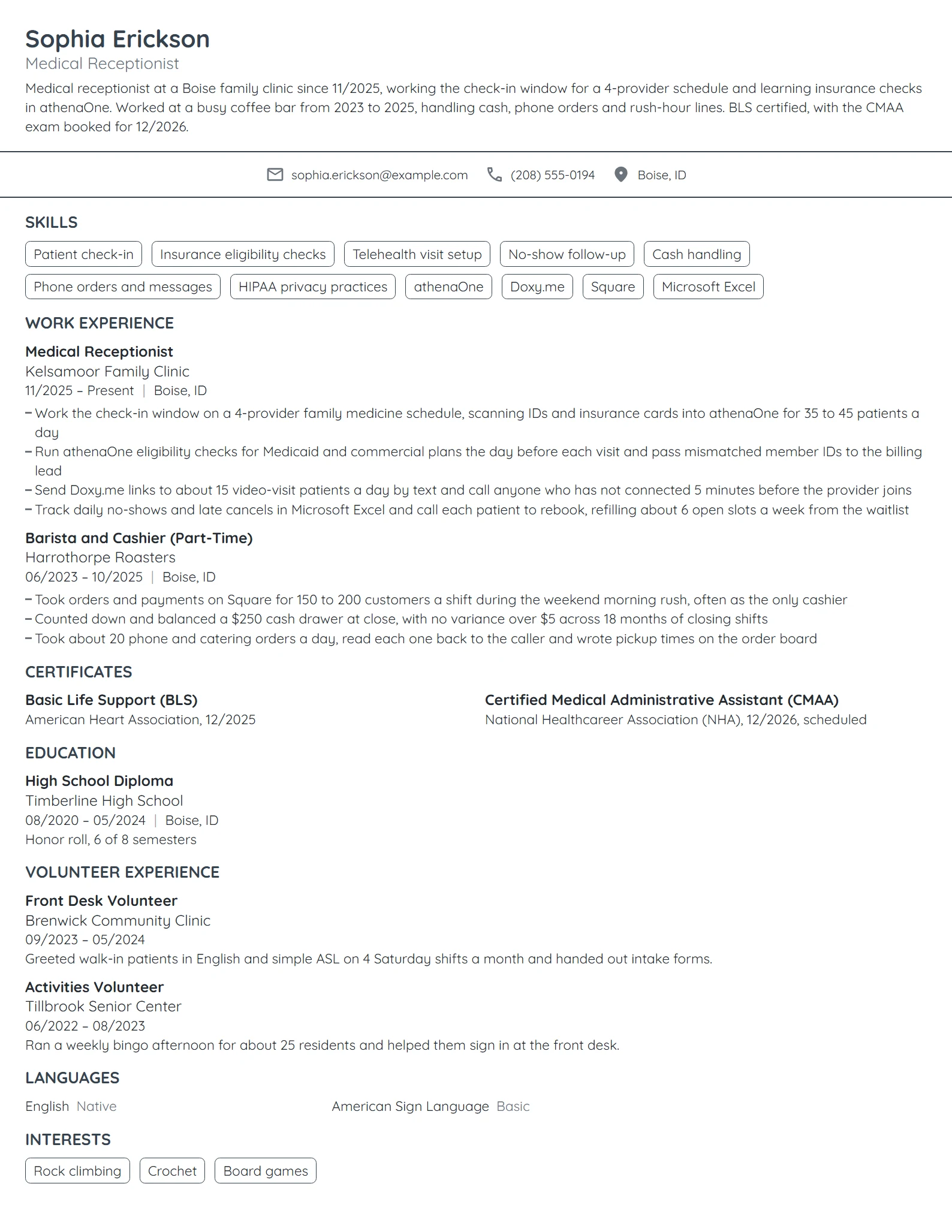 Entry-Level Medical Receptionist resume example