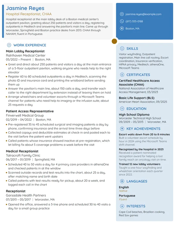 Hospital Receptionist resume example