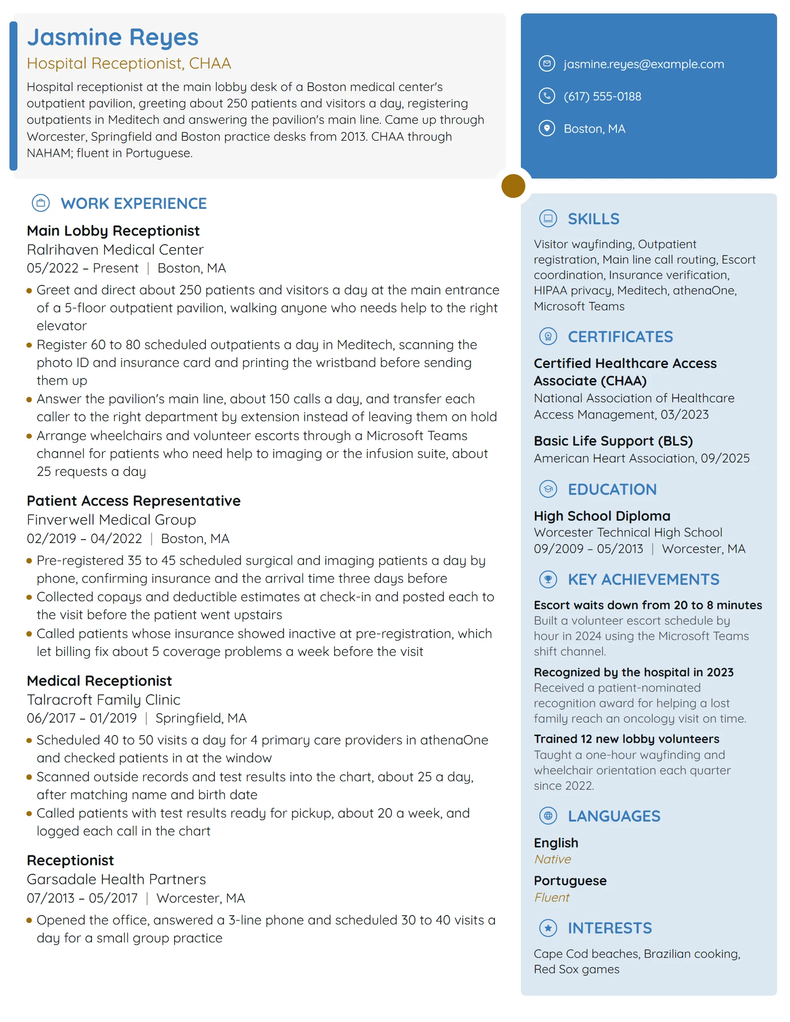 Hospital Receptionist resume example