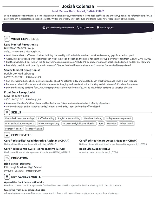 Lead Medical Receptionist resume example