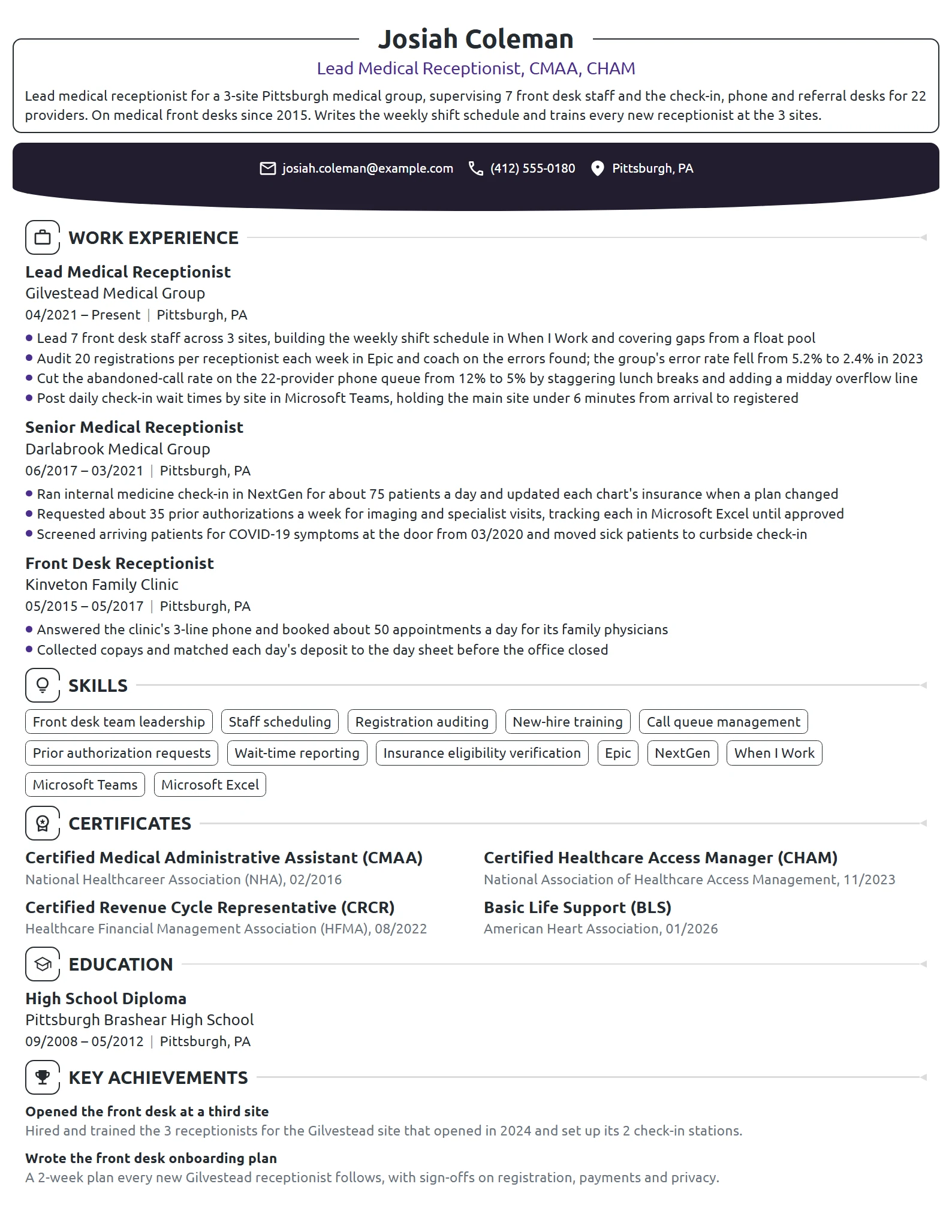 Lead Medical Receptionist resume example