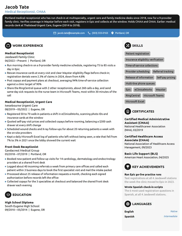 Medical Receptionist resume example