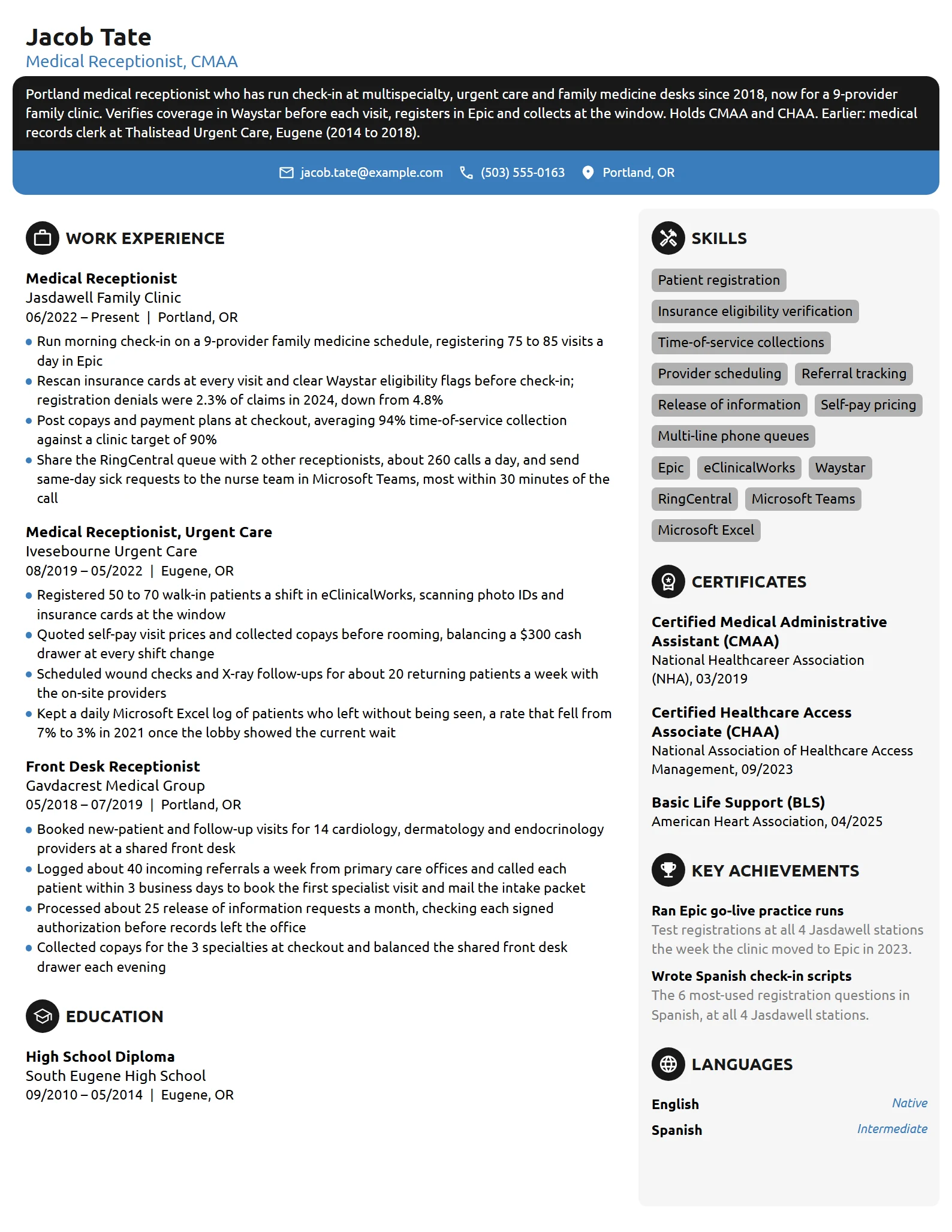 Medical Receptionist resume example