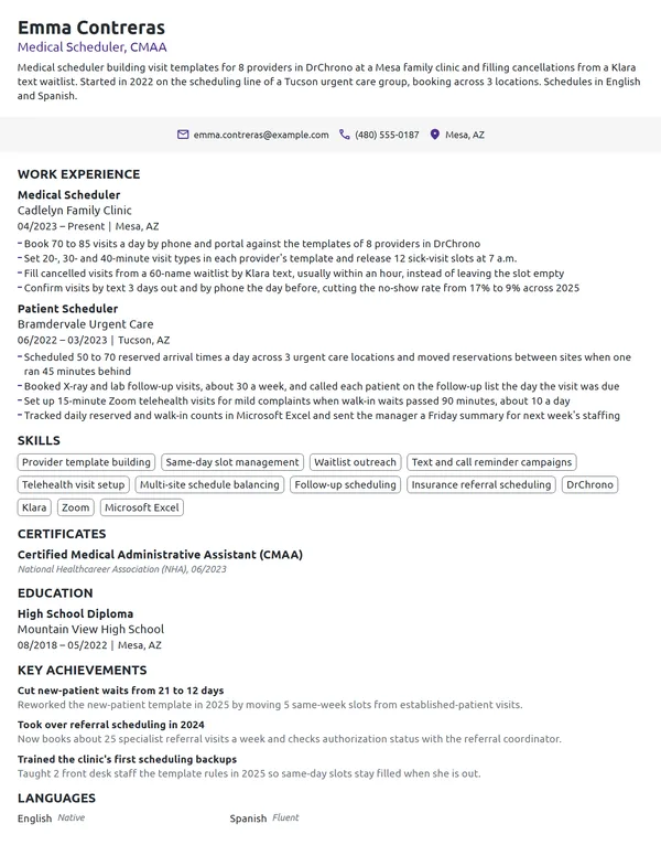 Medical Scheduler resume example