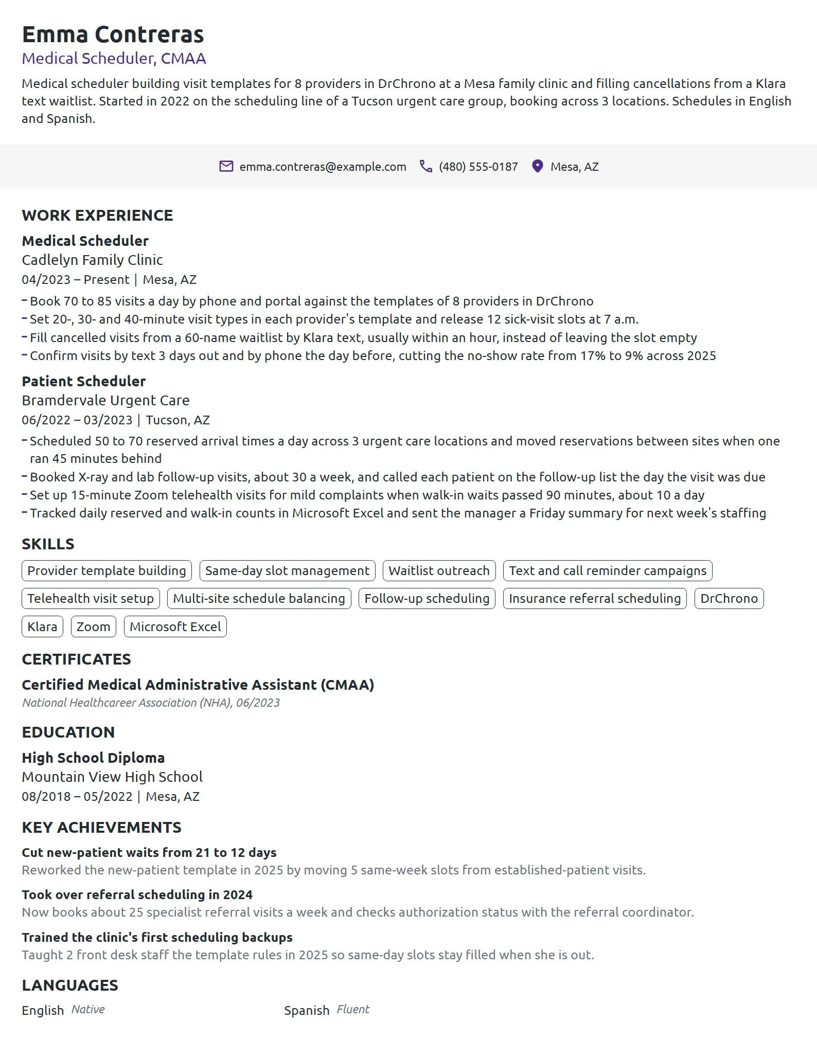 Medical Scheduler resume example