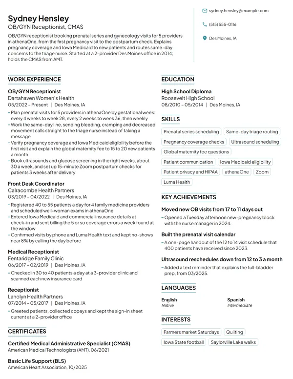 OB/GYN Receptionist resume example