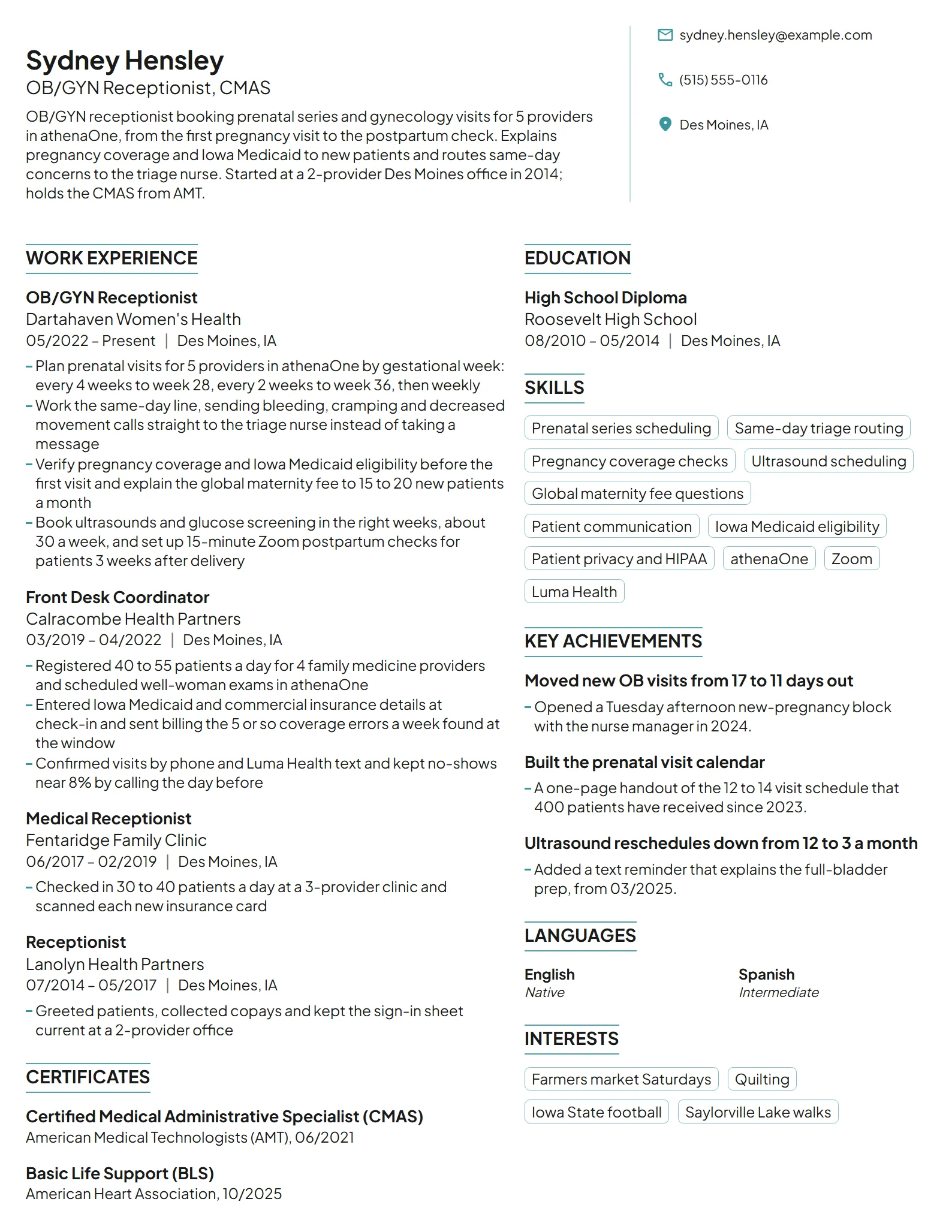 OB/GYN Receptionist resume example