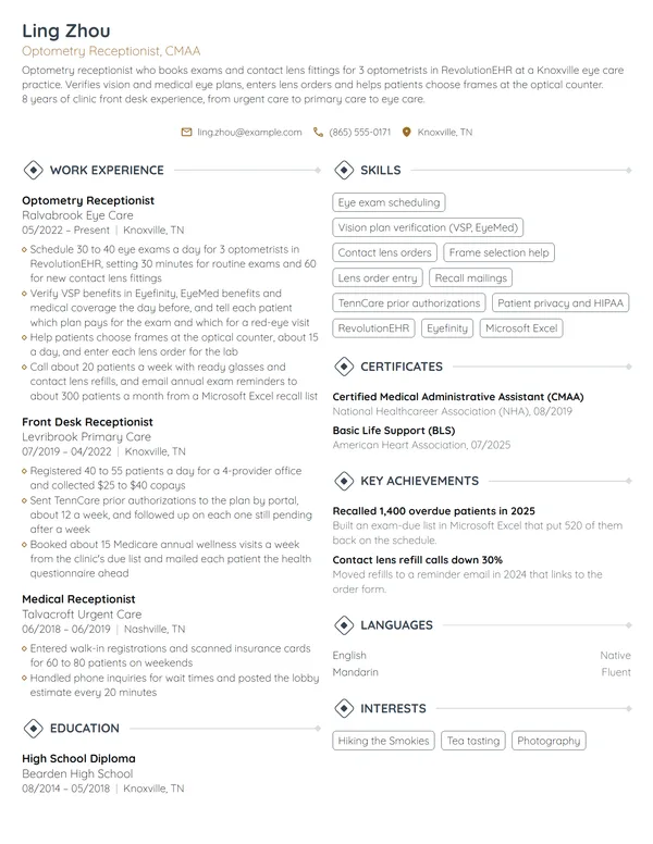 Optometry Receptionist resume example