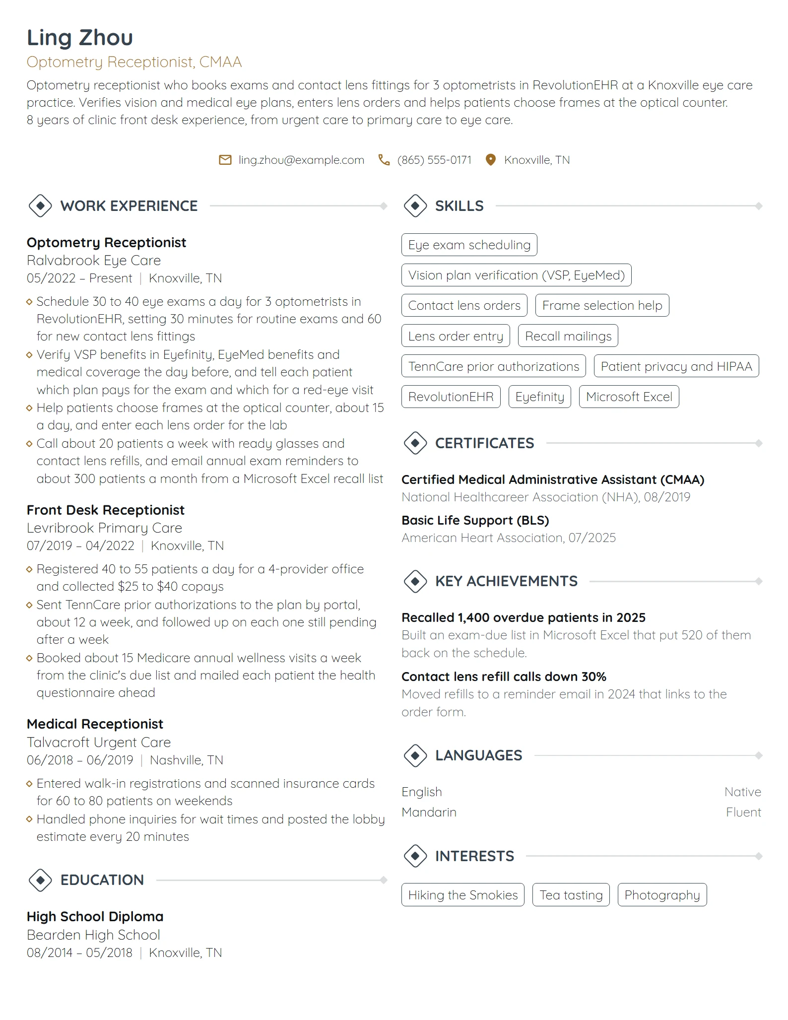 Optometry Receptionist resume example