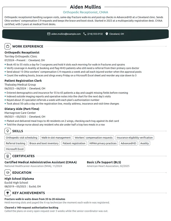 Orthopedic Receptionist resume example