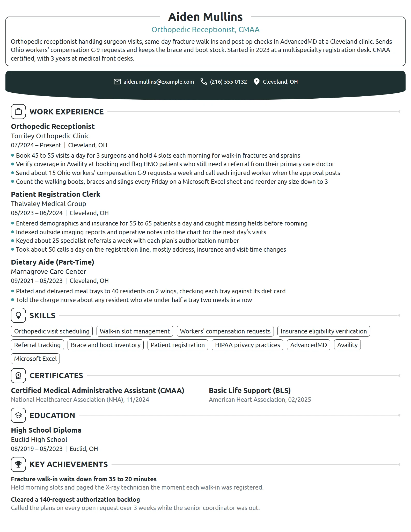 Orthopedic Receptionist resume example