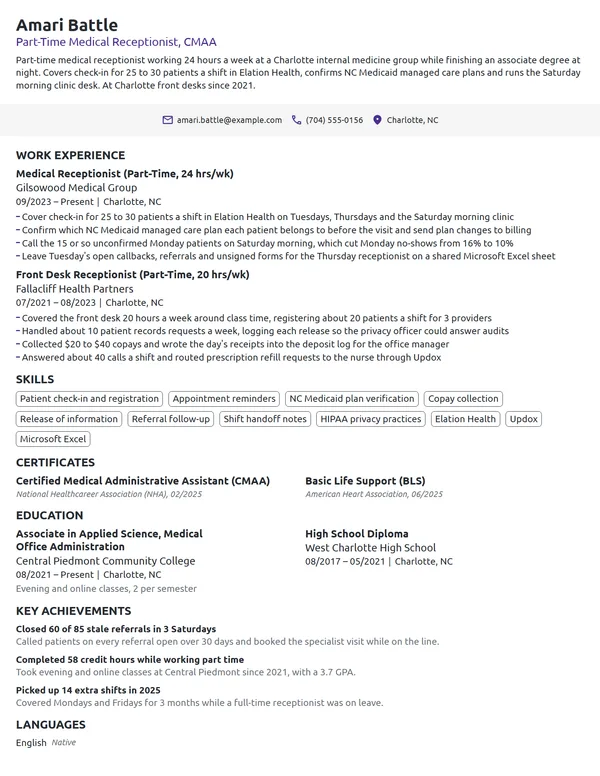 Part-Time Medical Receptionist resume example