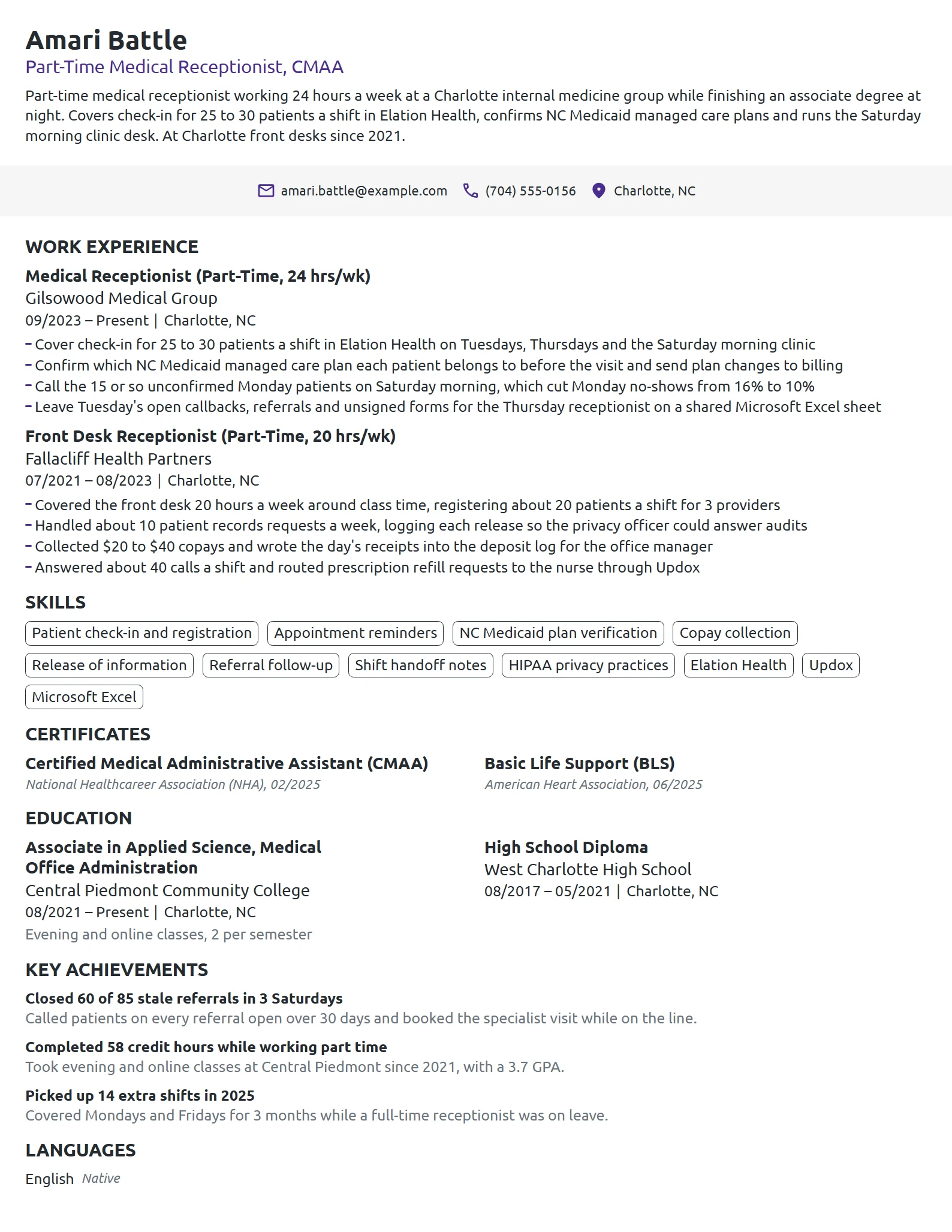 Part-Time Medical Receptionist resume example