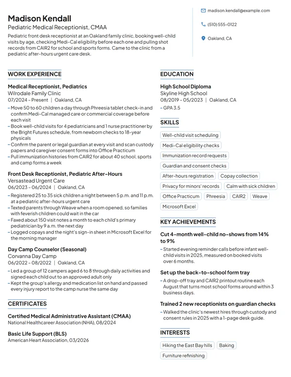 Pediatric Medical Receptionist resume example