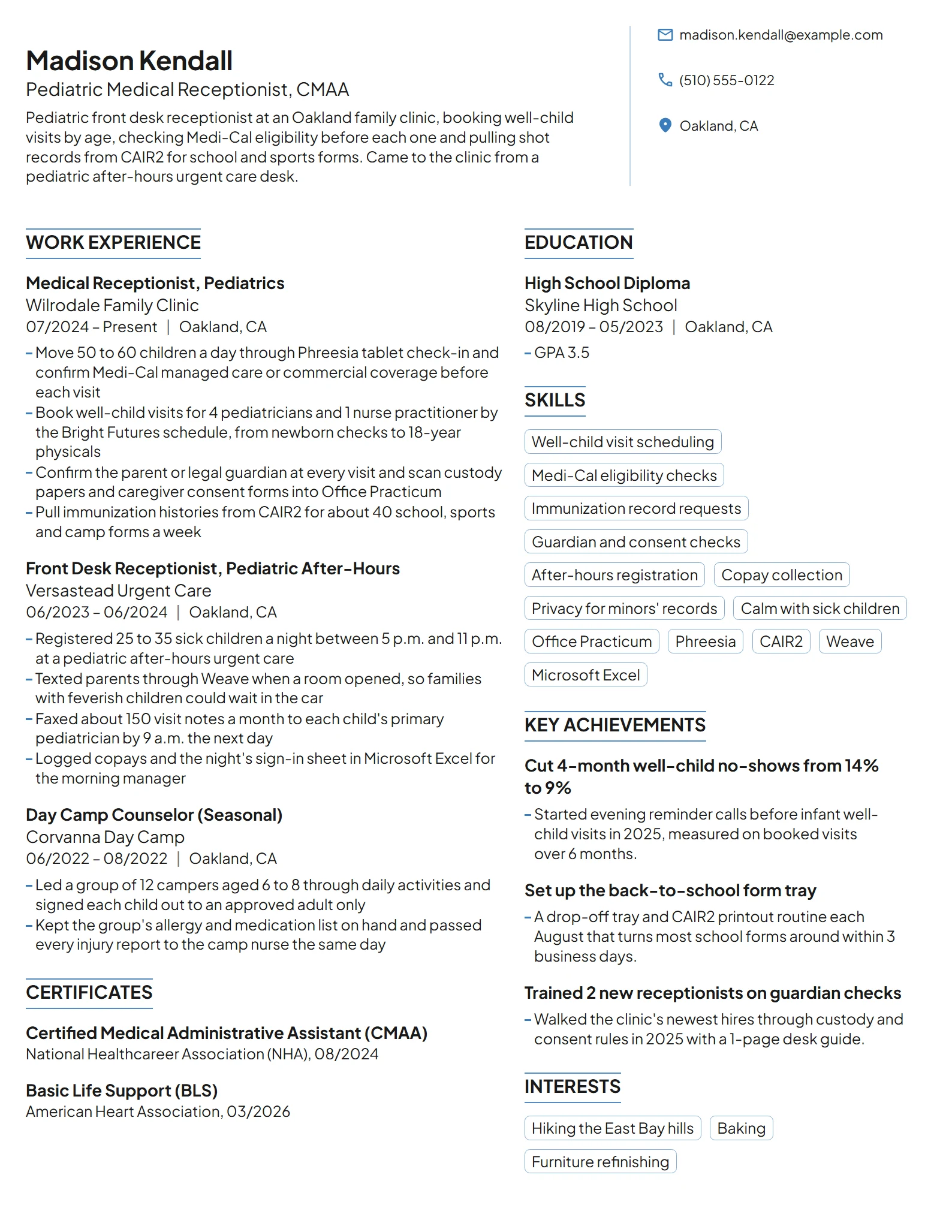 Pediatric Medical Receptionist resume example