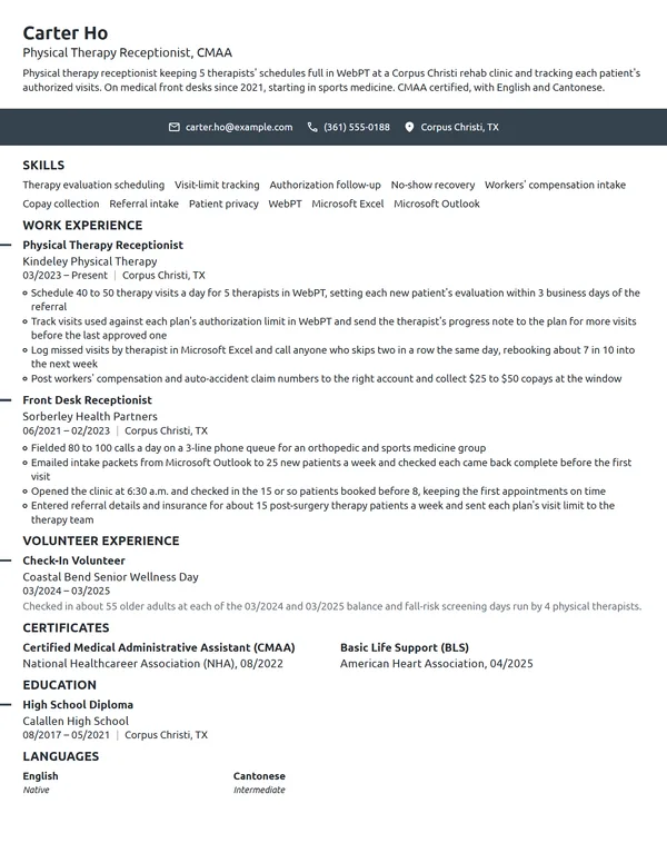 Physical Therapy Receptionist resume example