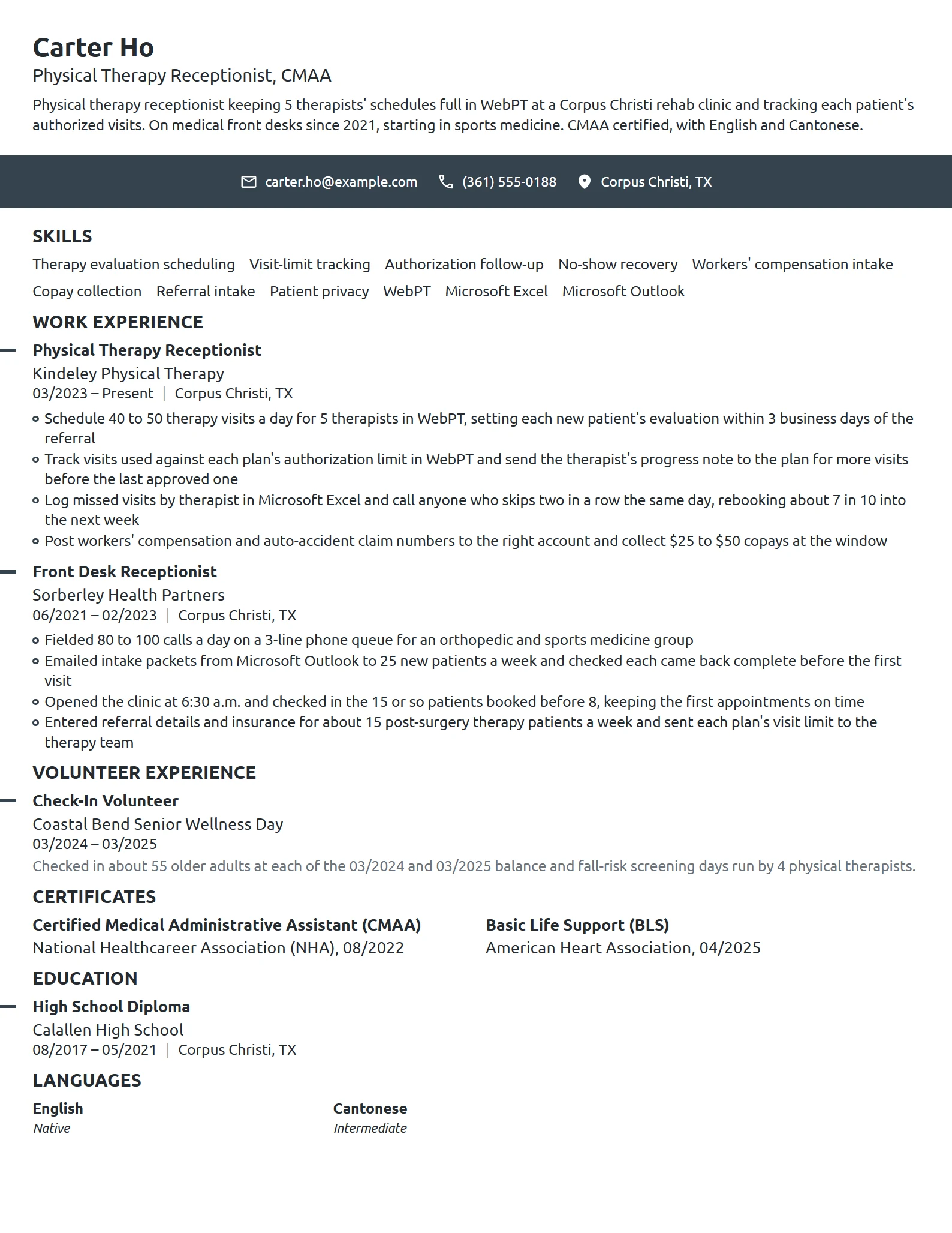Physical Therapy Receptionist resume example