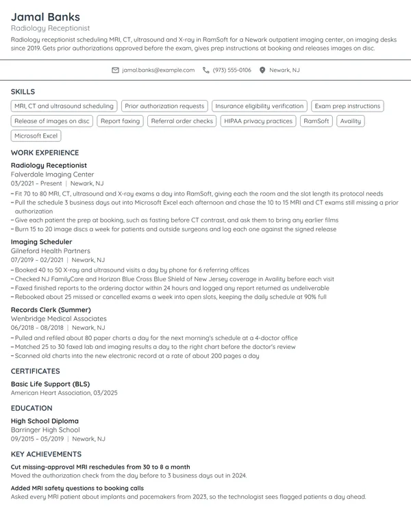 Radiology Receptionist resume example