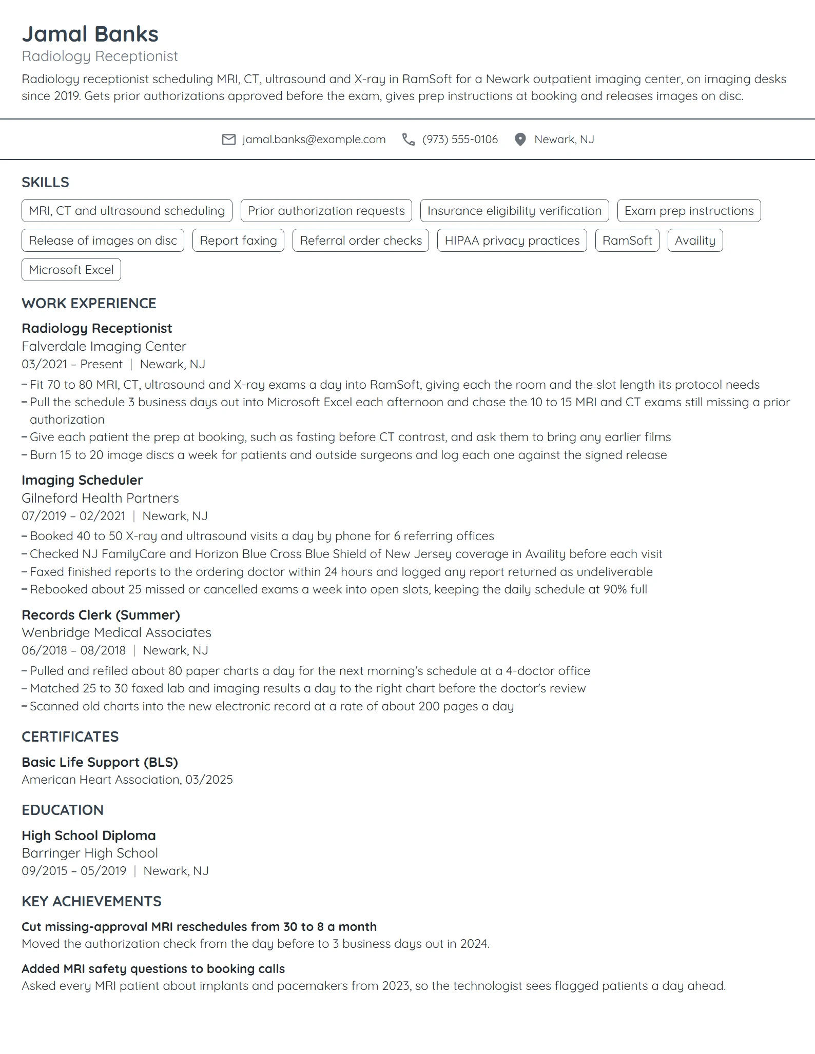 Radiology Receptionist resume example