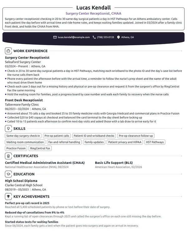 Surgery Center Receptionist resume example