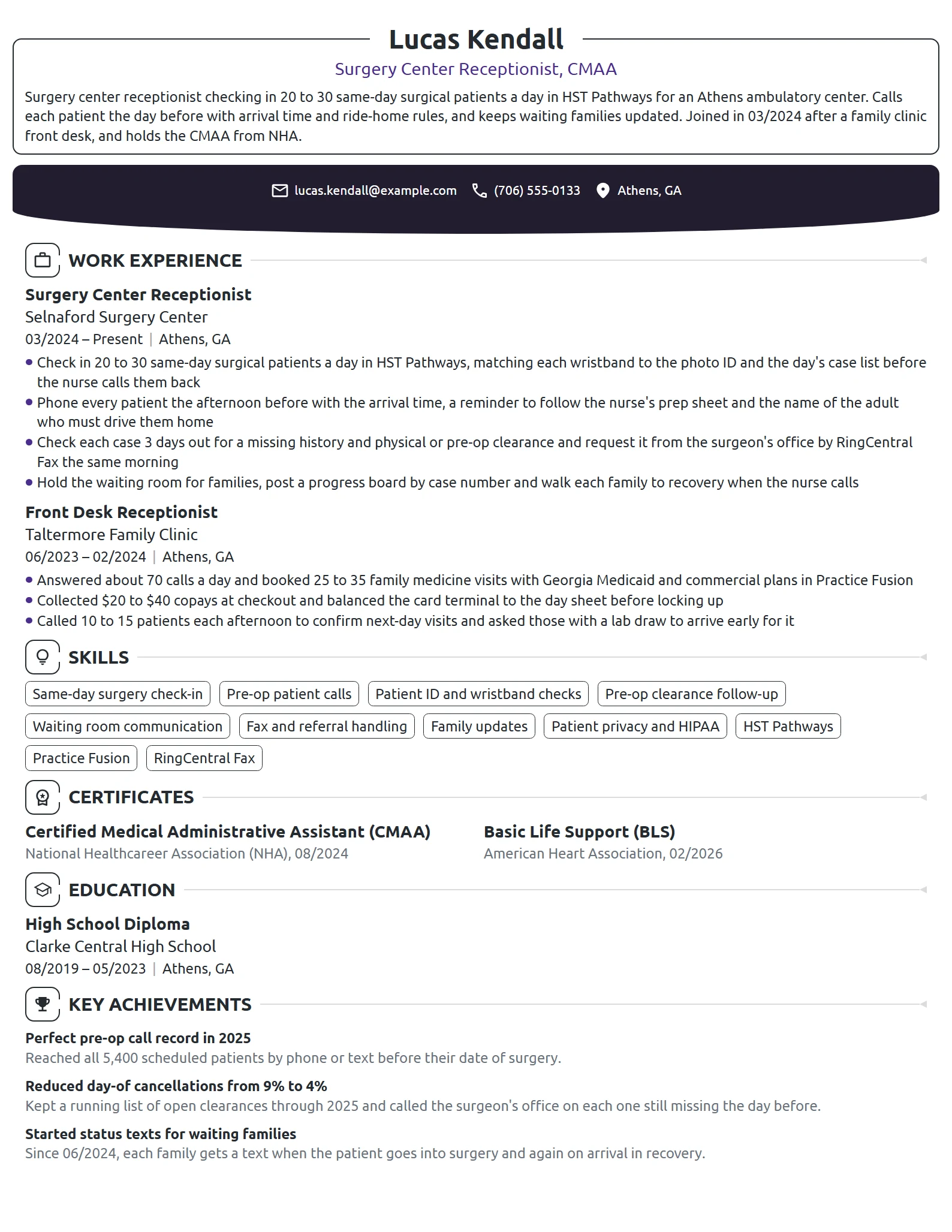 Surgery Center Receptionist resume example