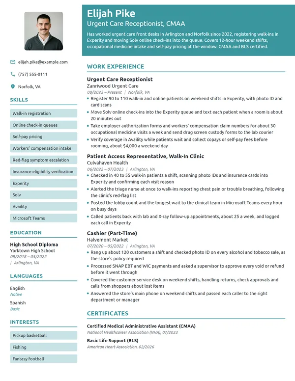 Urgent Care Receptionist resume example
