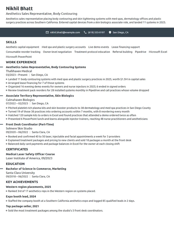 Aesthetics Sales Representative resume example