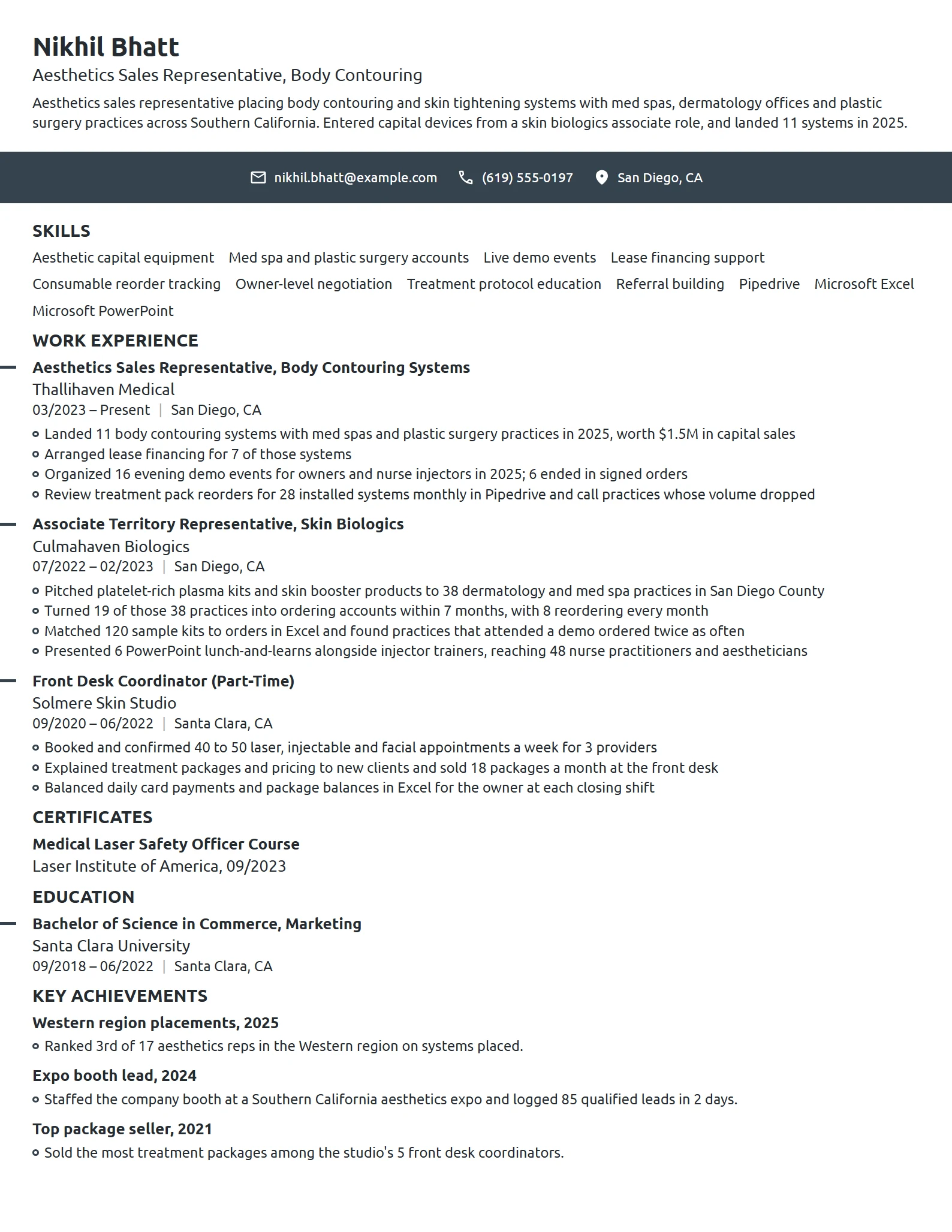 Aesthetics Sales Representative resume example