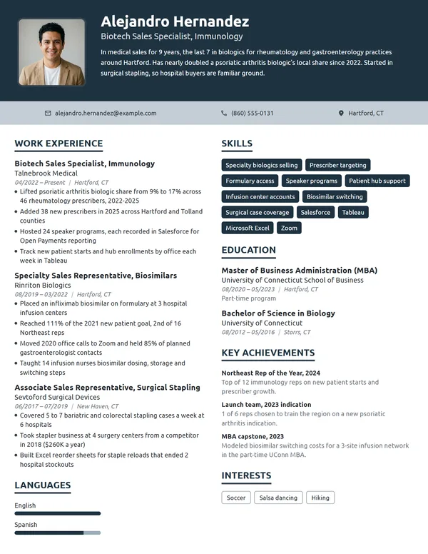 Biotech Sales Specialist resume example