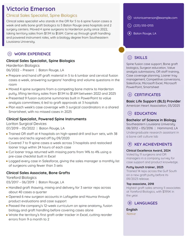 Clinical Sales Specialist resume example