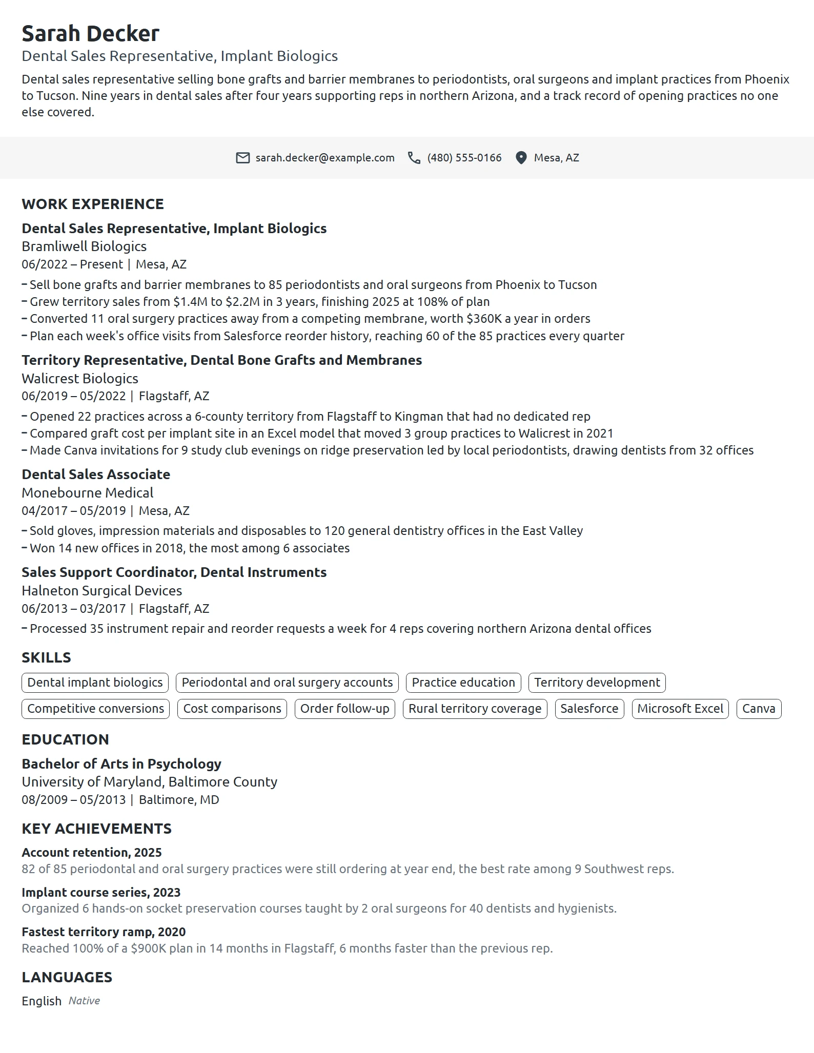 Dental Sales Representative resume example