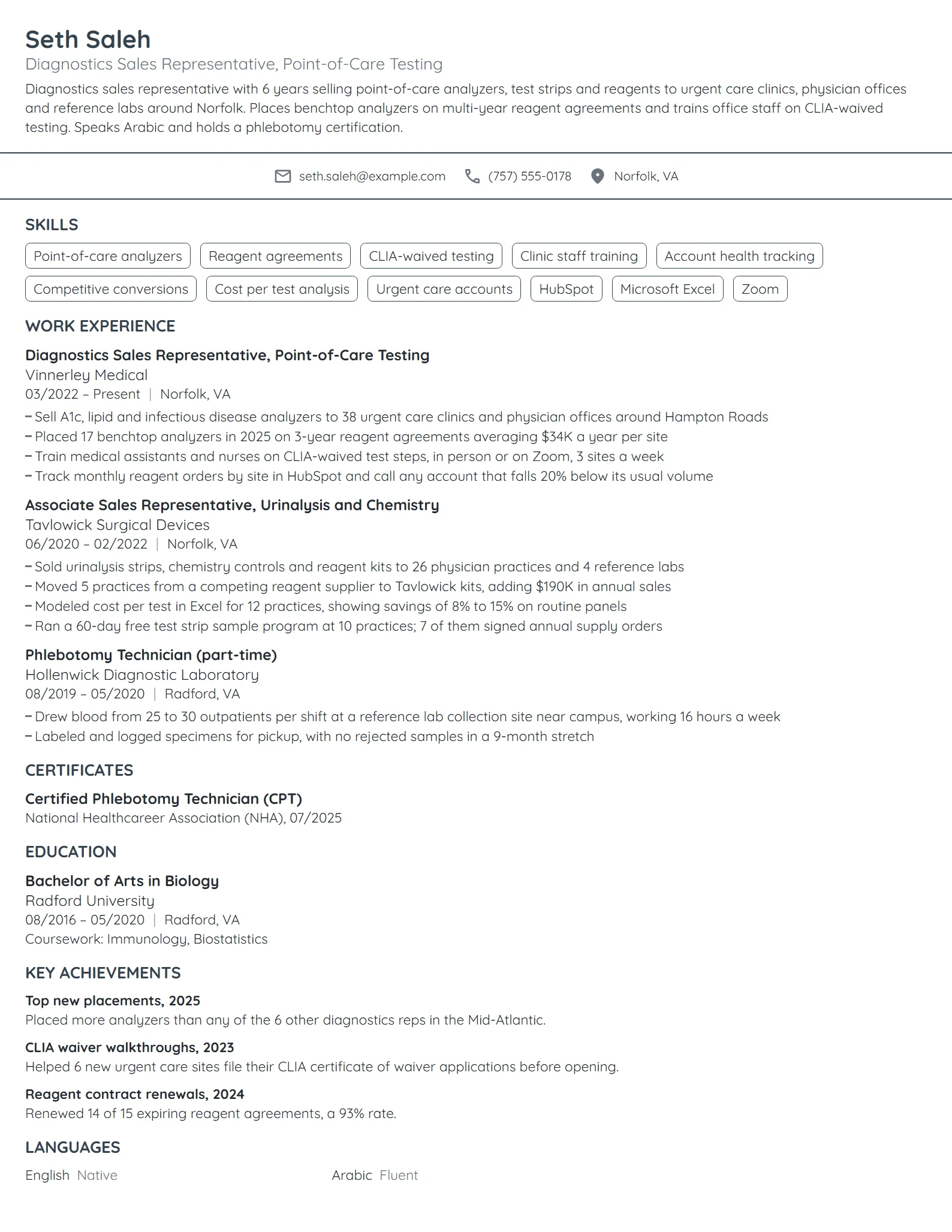 Diagnostics Sales Representative resume example