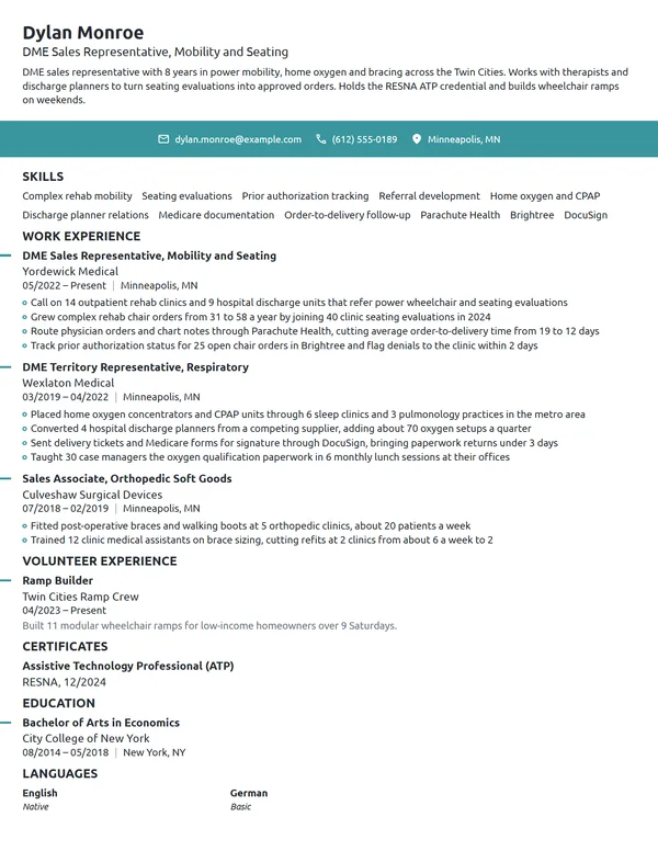 DME Sales Representative resume example