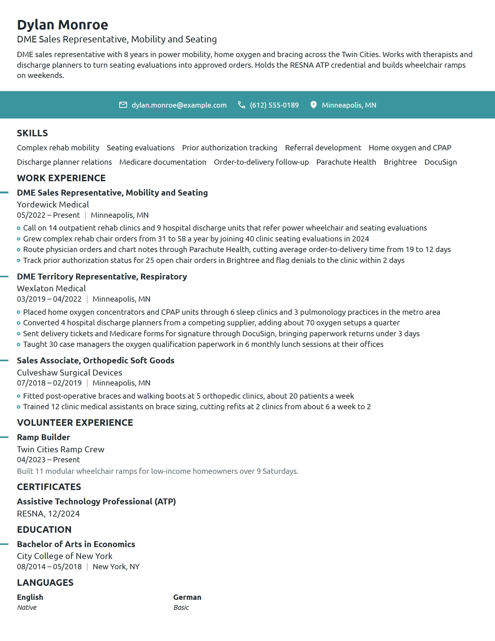 DME Sales Representative resume example