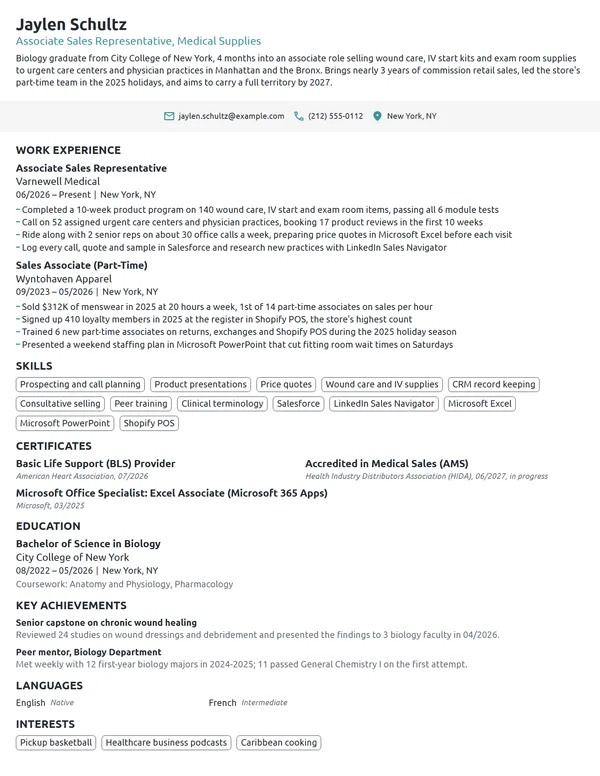 Entry-Level Medical Sales Representative resume example