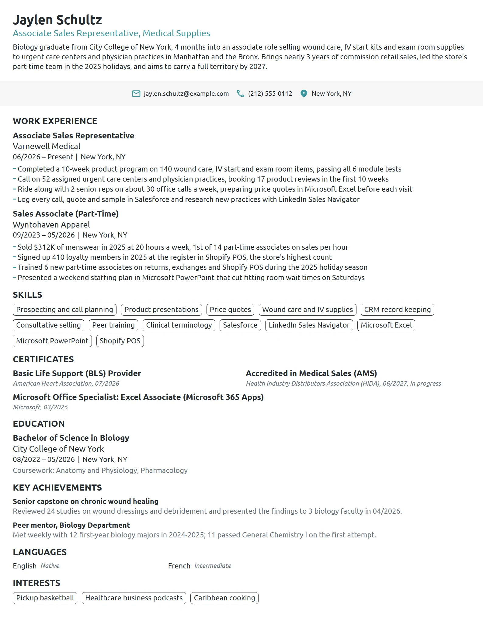 Entry-Level Medical Sales Representative resume example