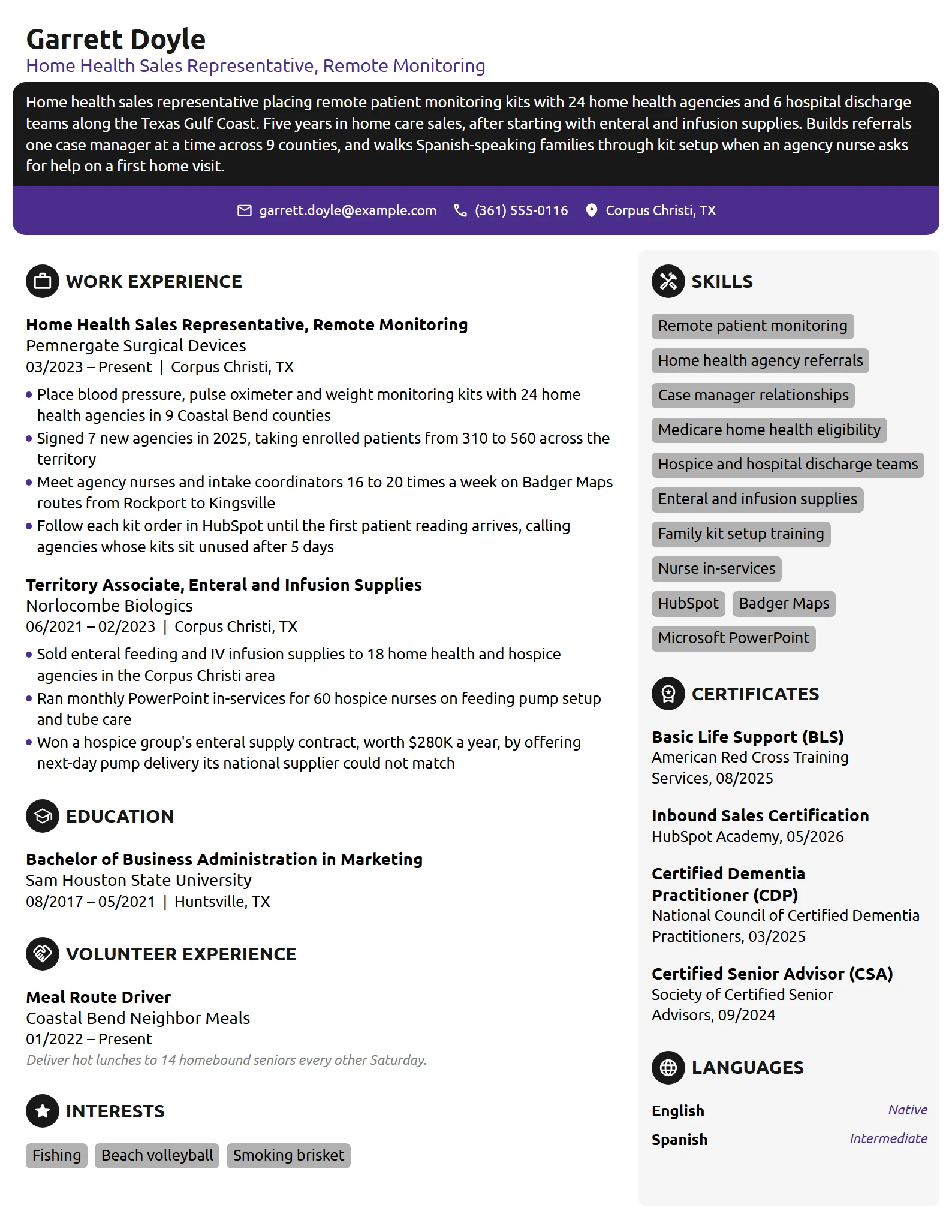 Home Health Sales Representative resume example