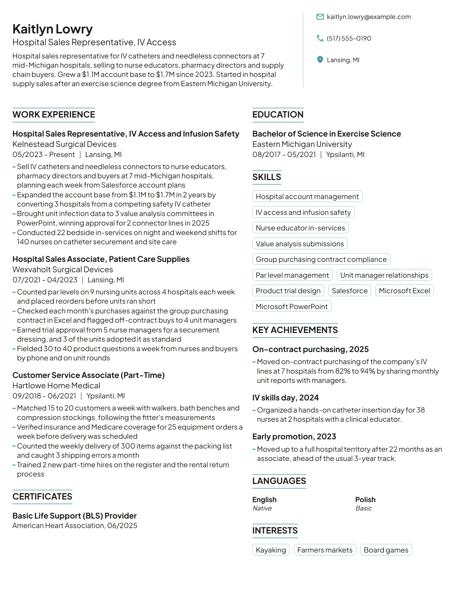 Hospital Sales Representative resume example