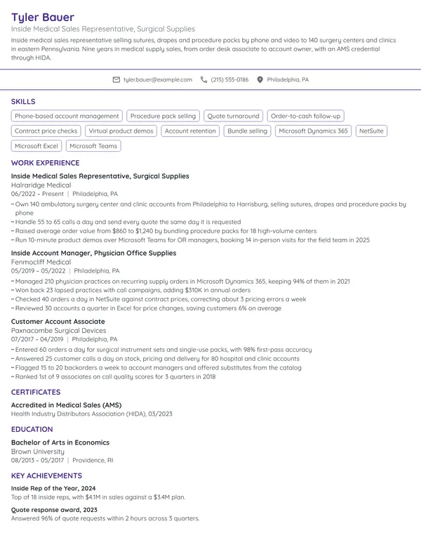 Inside Medical Sales Representative resume example