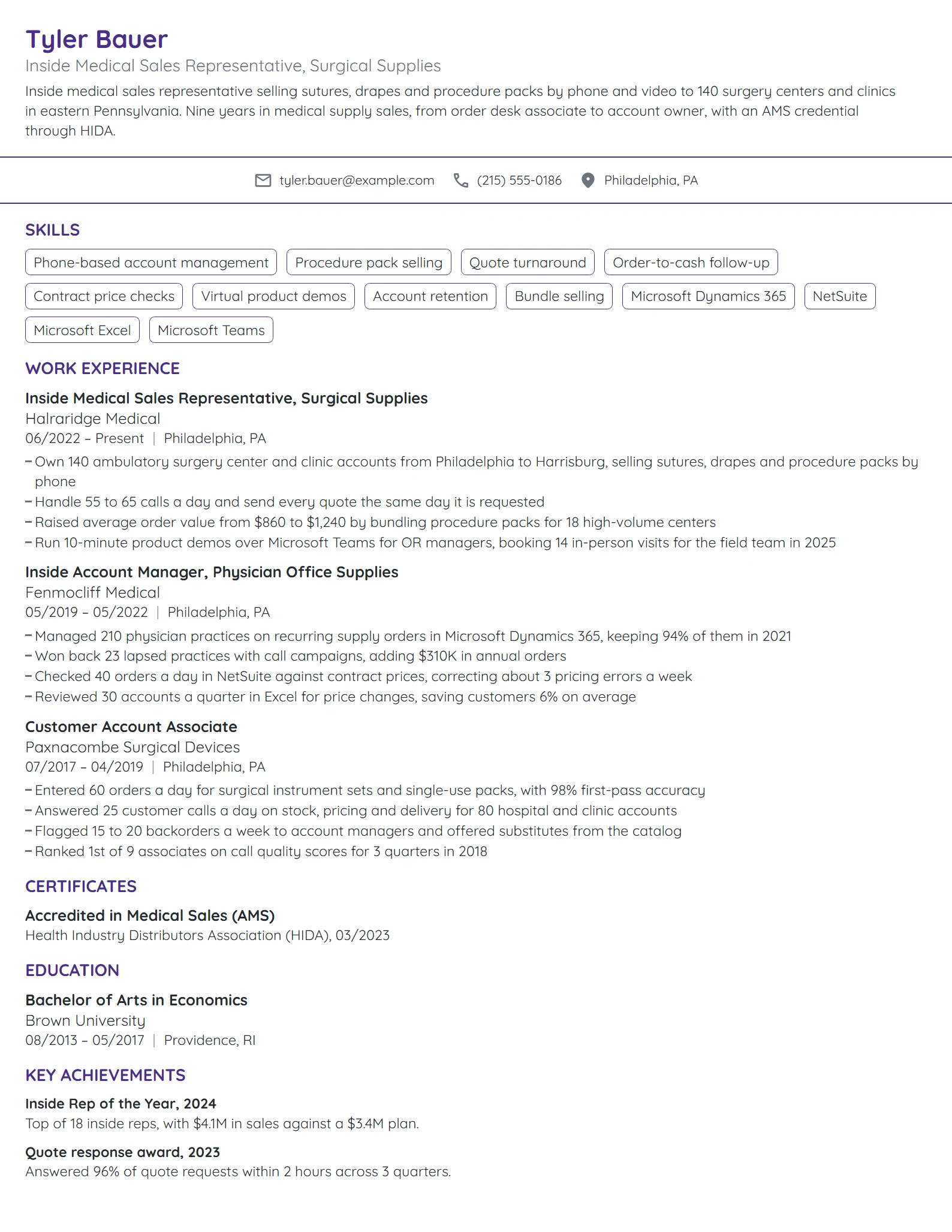 Inside Medical Sales Representative resume example