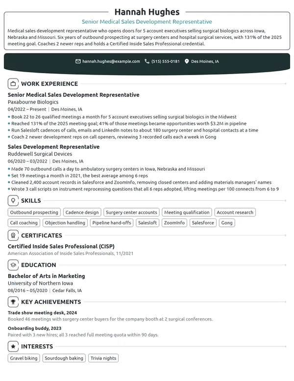 Medical Sales Development Representative resume example