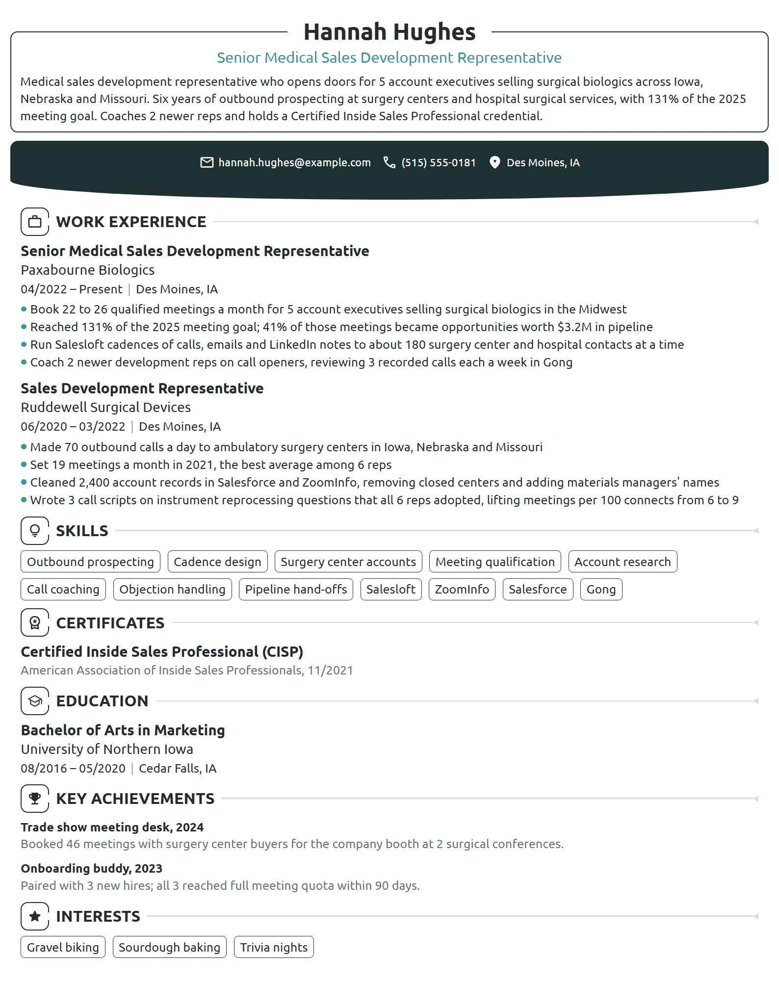 Medical Sales Development Representative resume example