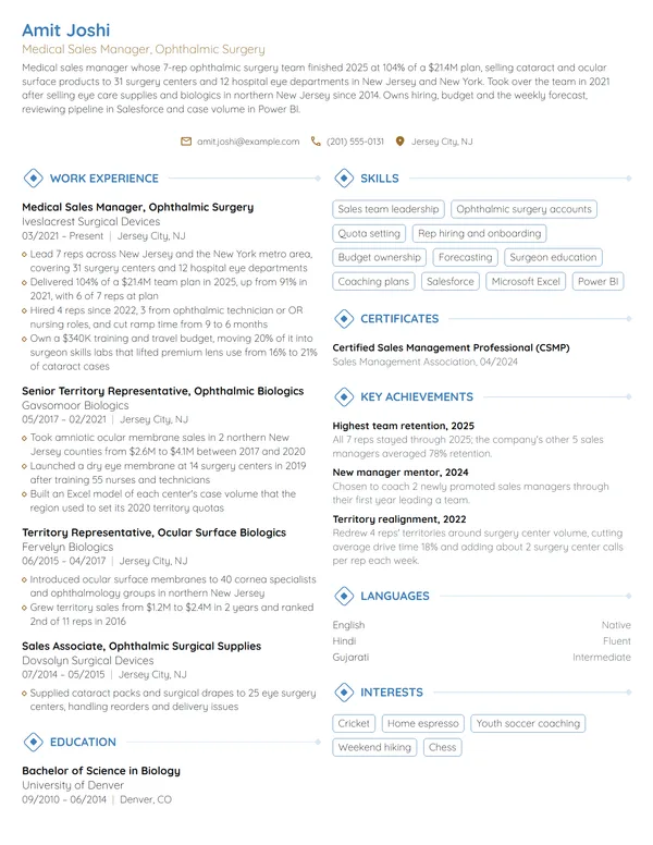 Medical Sales Manager resume example