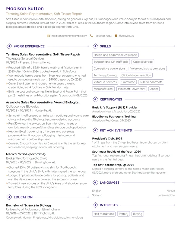 Medical Sales resume example